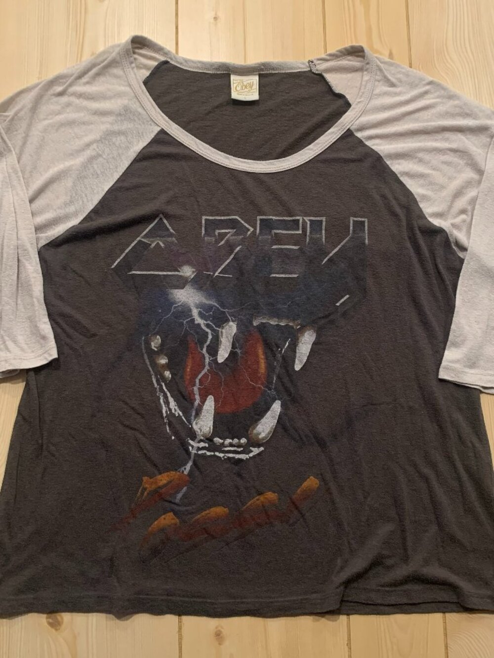 Vintage Y2K OBEY Posse 1989 World Tour Teeth Streetwear Raglan T-Shirt Size L